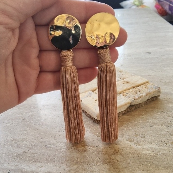 Gold and Tan Tassle Earrings - Picture 6 of 6